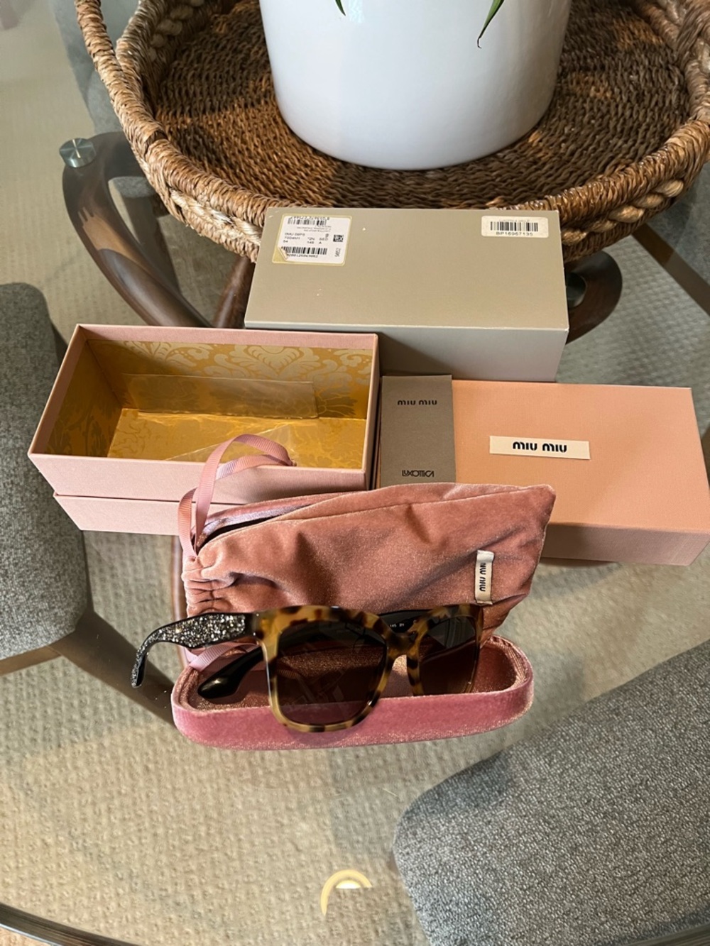 Miu Miu Tortoiseshell Sunglasses with Pink Velvet Case and Box